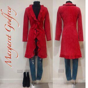 💋STUNNING BOHO CHIC💋Vintage Genuine Suede Ruffled Trench Coat in Rose Red